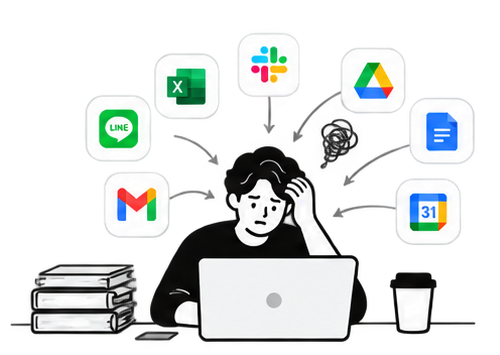 ファイル、チャット、メール、表計算などツールごとに情報が散らばっている状態のイラスト